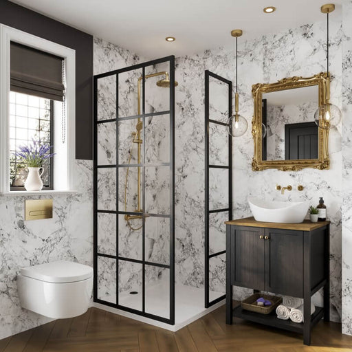 Multipanel Linda Barker Bianca Luna waterproof wall panels installed in a bathroom