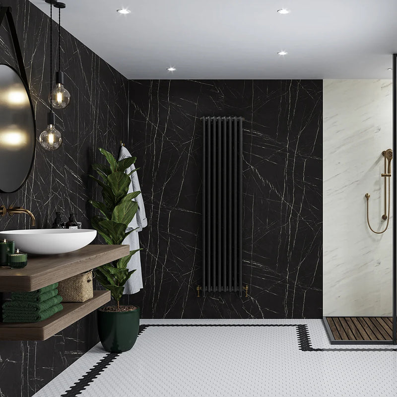 Multipanel Linda Barker Black Pietra waterproof bathroom wall panel — black marble effect with white criss-cross veining