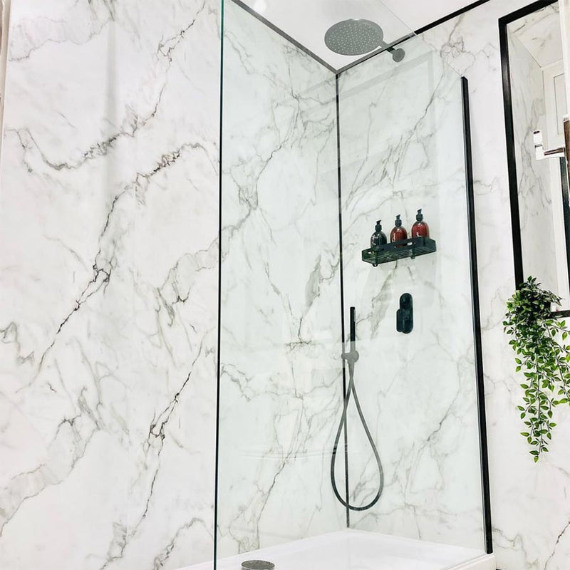 Calacatta Marble Linda Barker Multipanel shower wall panels in a customer bathroom renovation