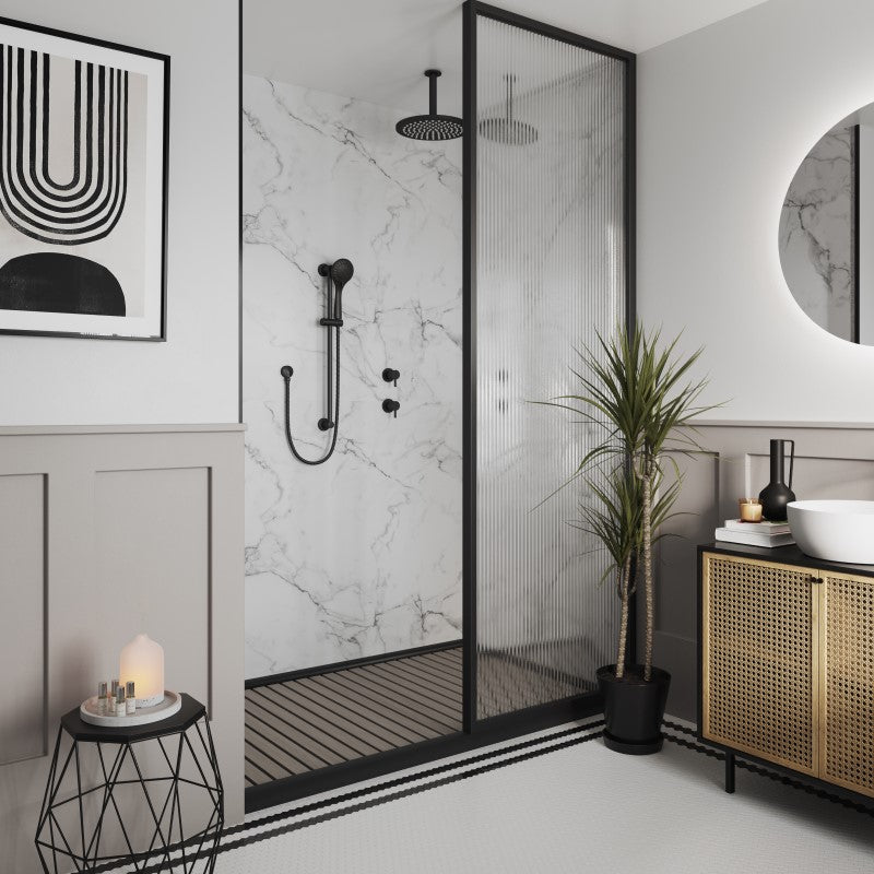Multipanel Linda Barker Calacatta Marble waterproof wall panels installed in a bathroom