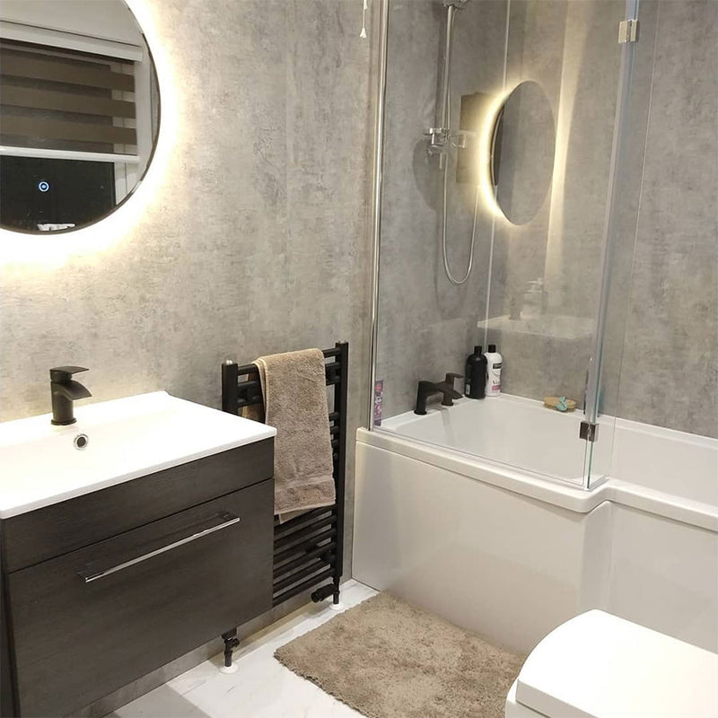 Multipanel Linda Barker Concrete Elements waterproof wall panels installed in a bathroom