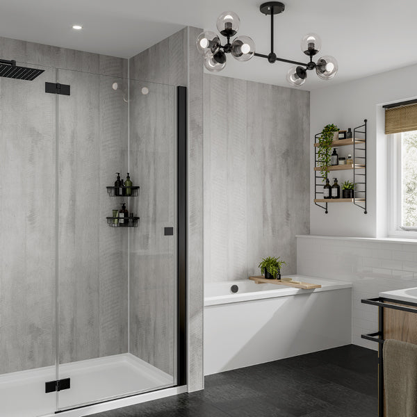 Concrete Formwood Linda Barker Multipanel shower wall panels in a bathroom setting