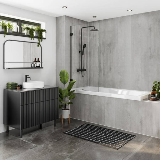 Multipanel Linda Barker Concrete Formwood waterproof wall panels installed in a bathroom