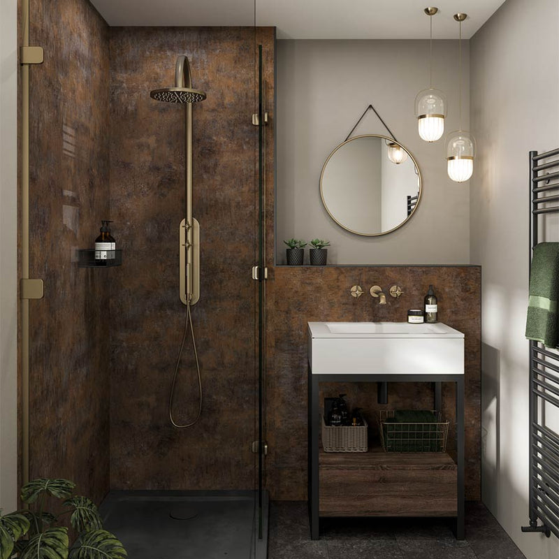 Corten Elements Linda Barker Multipanel shower wall panels in a bathroom setting