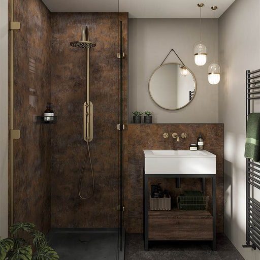 Corten Elements Linda Barker Multipanel shower wall panels in a bathroom setting