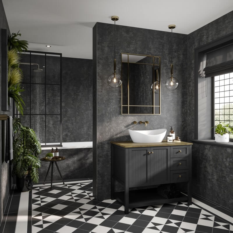 Graphite Elements Linda Barker Multipanel shower wall panels in a bathroom setting