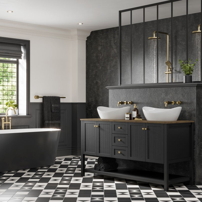 Multipanel Linda Barker Graphite Elements waterproof wall panels installed in a bathroom