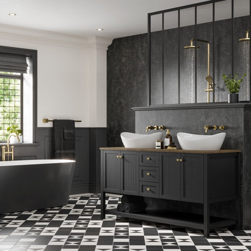 Multipanel Linda Barker Graphite Elements waterproof wall panels installed in a bathroom