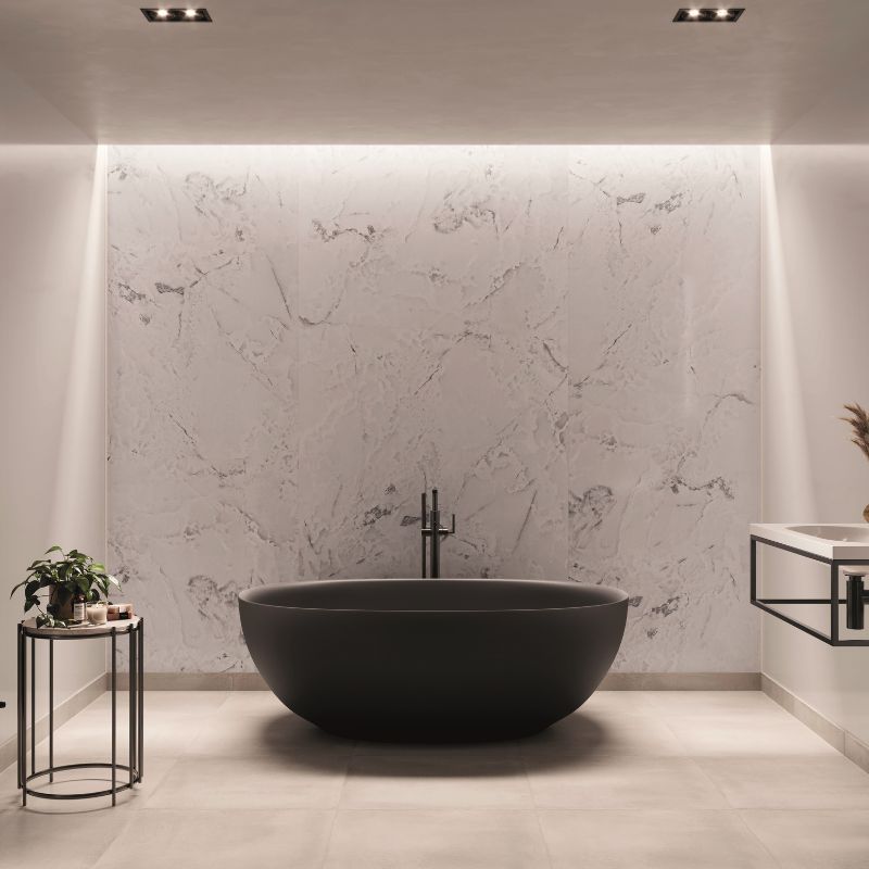 Onyx Marble Linda Barker Multipanel wall panels behind a black bath
