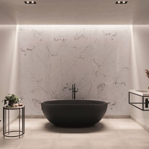 Onyx Marble Linda Barker Multipanel wall panels behind a black bath