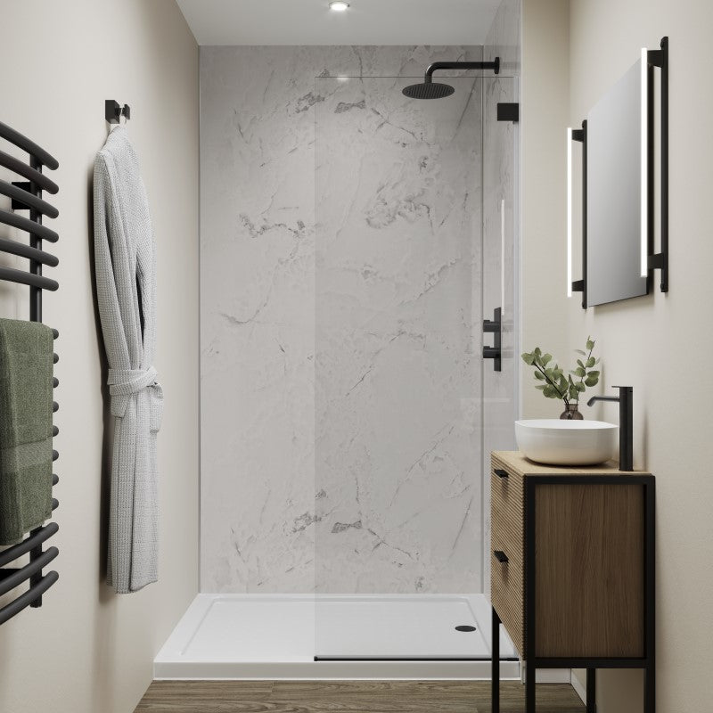 Multipanel Linda Barker Onyx Marble waterproof wall panels installed in a bathroom