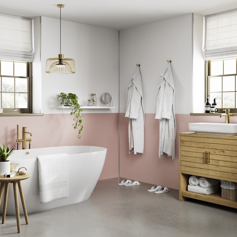 Multipanel Pure Collection Alpine White matt waterproof wall panels paired with Antique Rose in a bathroom