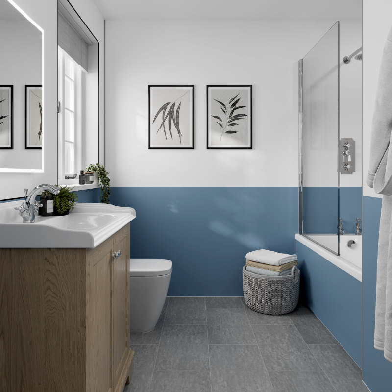 Multipanel Pure Collection Misty Blue matt waterproof wall panels paired with Alpine White in a bathroom