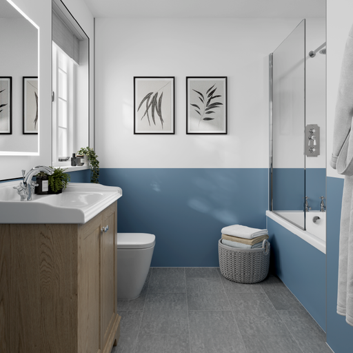 Multipanel Pure Collection Misty Blue matt waterproof wall panels paired with Alpine White in a bathroom