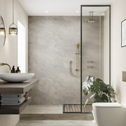 Taupe Grey matt Multipanel Pure wall panels paired with Valmasino Marble in a bathroom