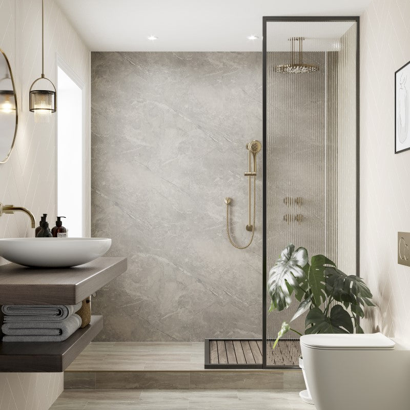 Taupe Grey matt Multipanel Pure wall panels paired with Valmasino Marble in a bathroom