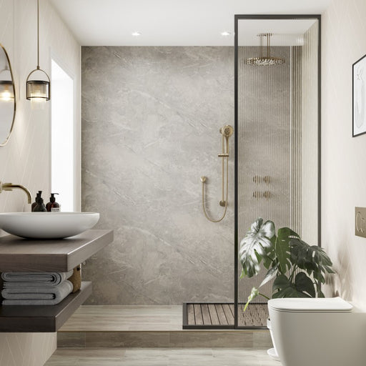 Multipanel Pure Collection Valmasino Marble matt waterproof wall panels paired with Taupe Grey in a bathroom