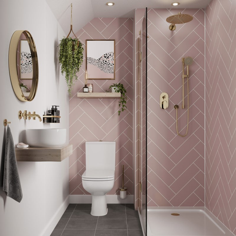 Antique Rose herringbone tile effect Multipanel wall panels in a bathroom