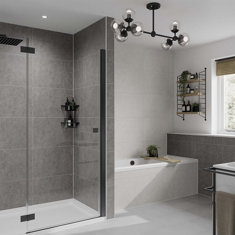 Grey Mineral and White Mineral tile effect Multipanel wall panels paired in a bathroom