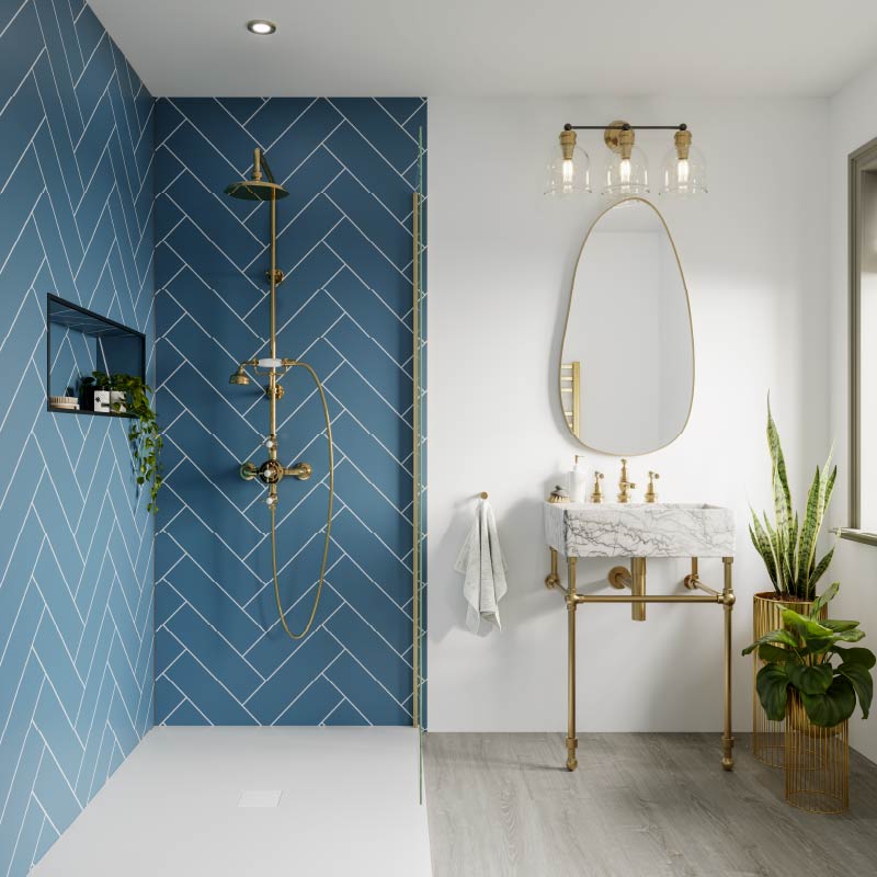Misty Blue herringbone tile effect Multipanel wall panels in a bathroom