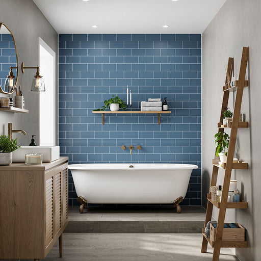Multipanel Tile Collection Misty Blue metro tile effect wall panels in a bathroom
