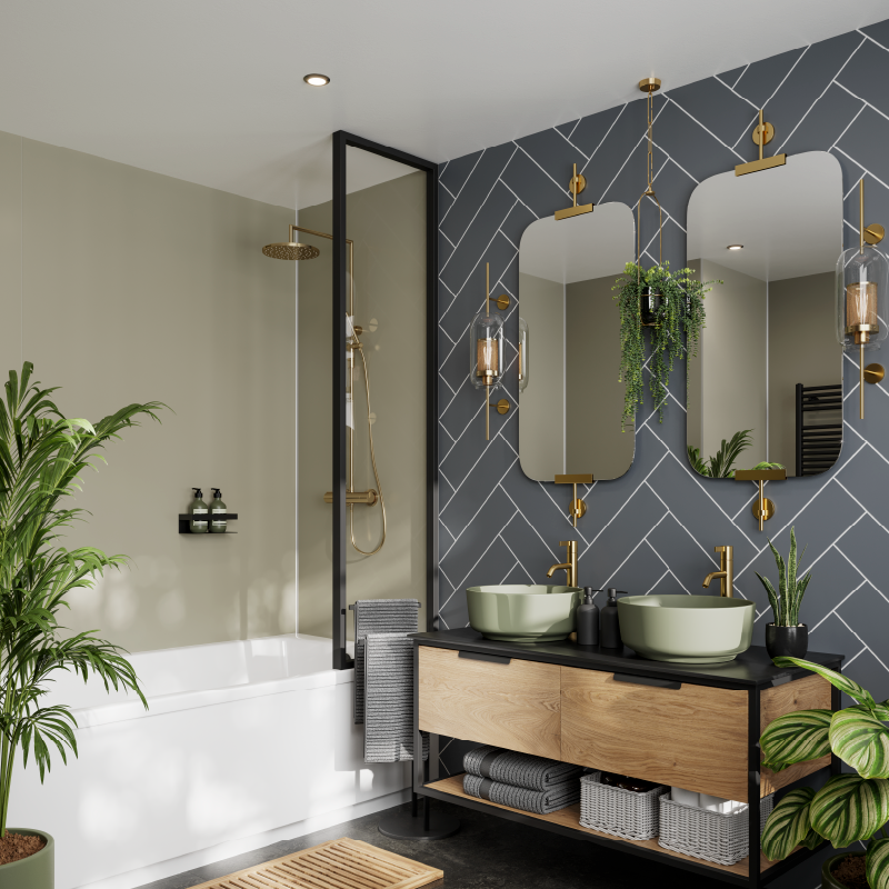 Monument Grey herringbone tile effect Multipanel wall panels in a bathroom