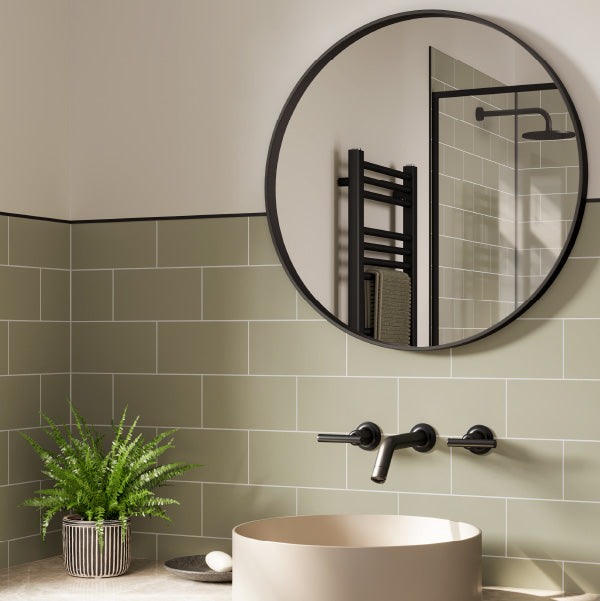 Multipanel Tile Collection Sage Green metro tile effect wall panels in a bathroom