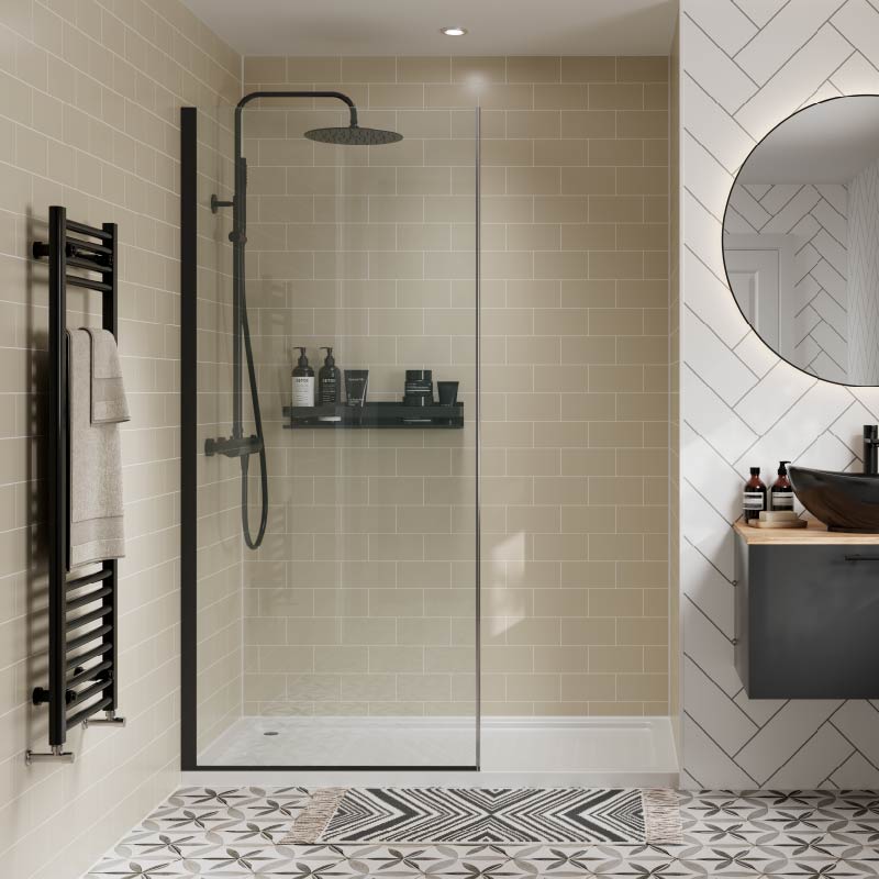 Multipanel Tile Collection Taupe Grey metro tile effect wall panels in a bathroom