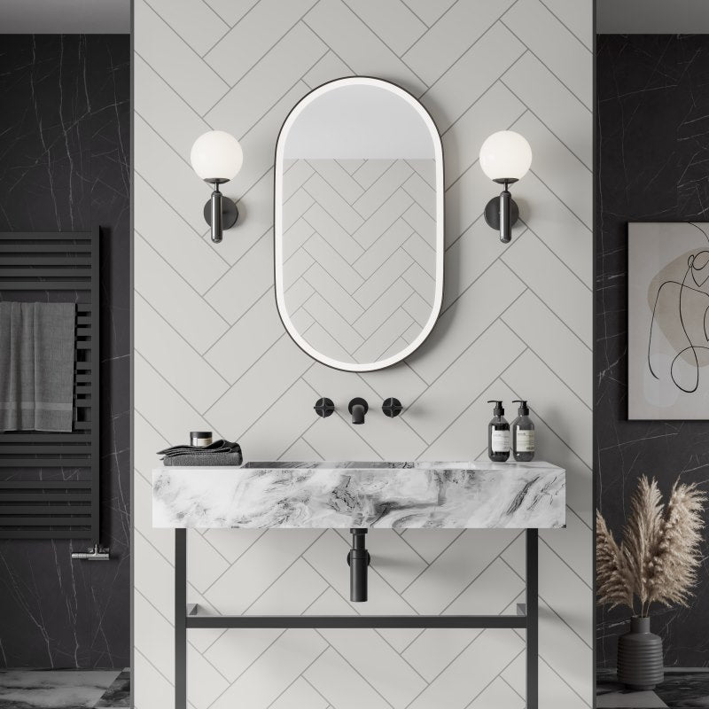 Multipanel Tile Collection White Grey herringbone tile effect wall panels in a bathroom