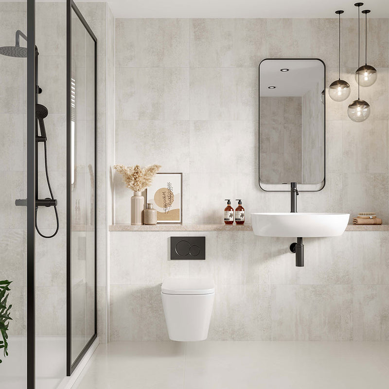 Multipanel Tile Collection White Gypsum tile effect wall panels in a bathroom