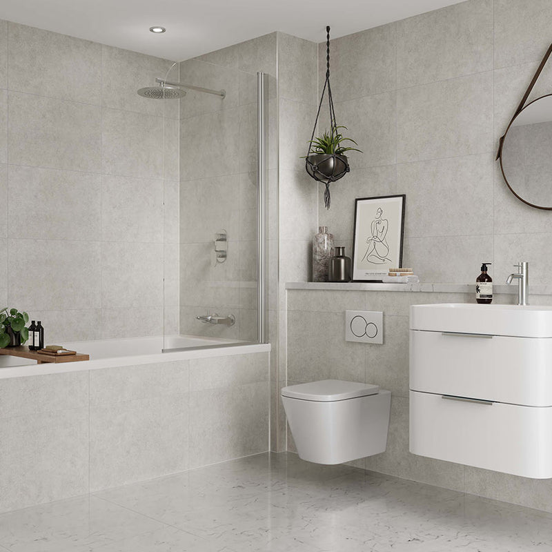 White Mineral tile effect Multipanel wall panels in a family bathroom