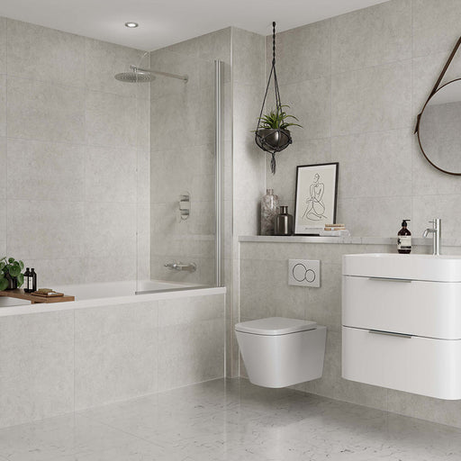 White Mineral tile effect Multipanel wall panels in a family bathroom