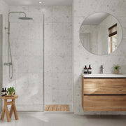 Multipanel Tile Collection White Terrazzo tile effect wall panels in a bathroom