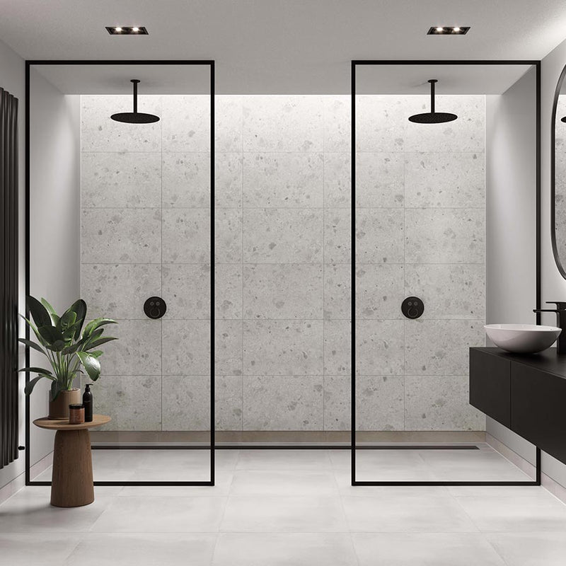 White Terrazzo tile effect Multipanel wall panels in a large bathroom