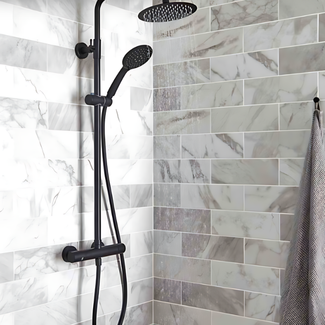 Kartell K-VIT Nero Round Option 1 Thermostatic Exposed Bar Shower with Overhead Drencher & Sliding Handset – Matt Black (SHO052NR)