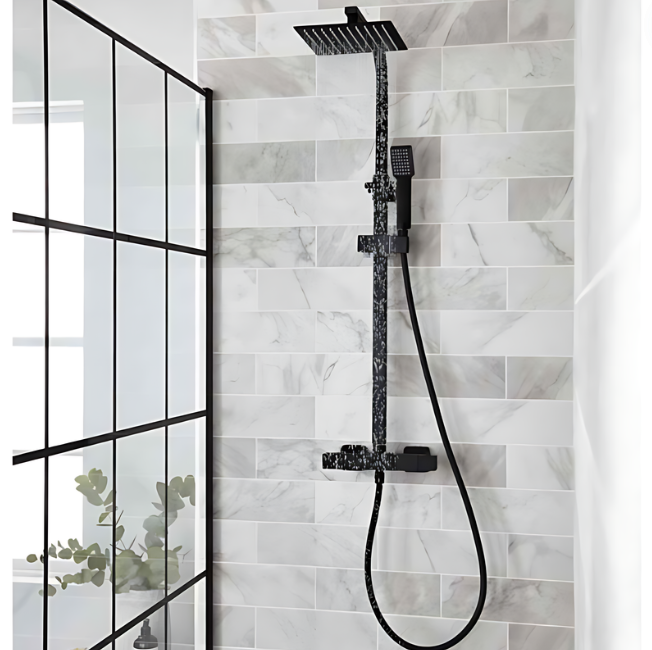 Kartell K-VIT Nero Square Option 1 Thermostatic Exposed Bar Shower with Overhead Drencher & Sliding Handset – Matt Black (SHO050NS)
