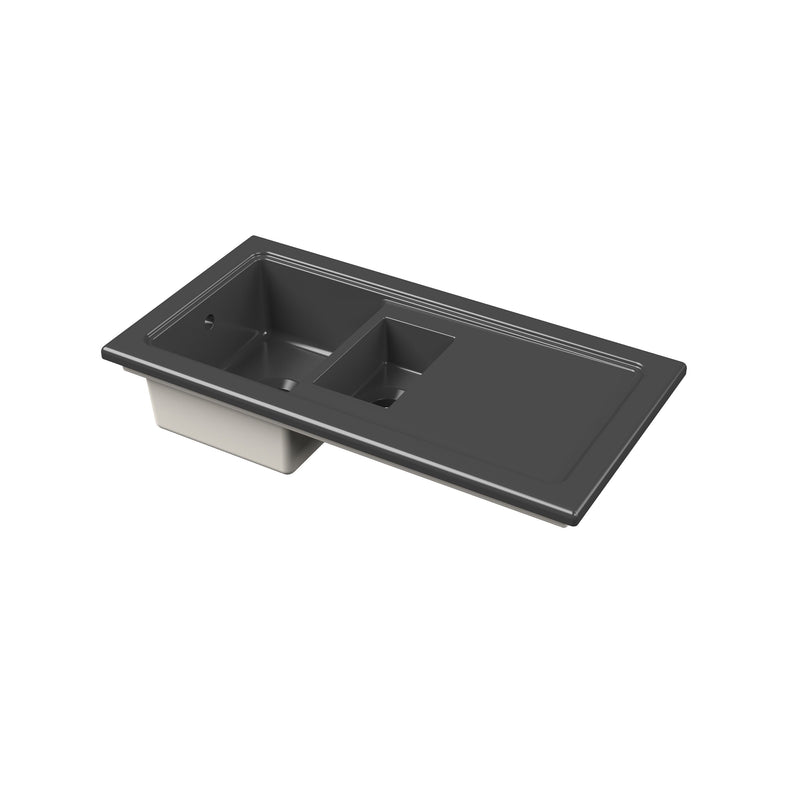 Nuie 1010mm x 525mm Fireclay Soft Black 1.5 Bowl Rectangular Countertop Drainer Sink (CT415TF1000)