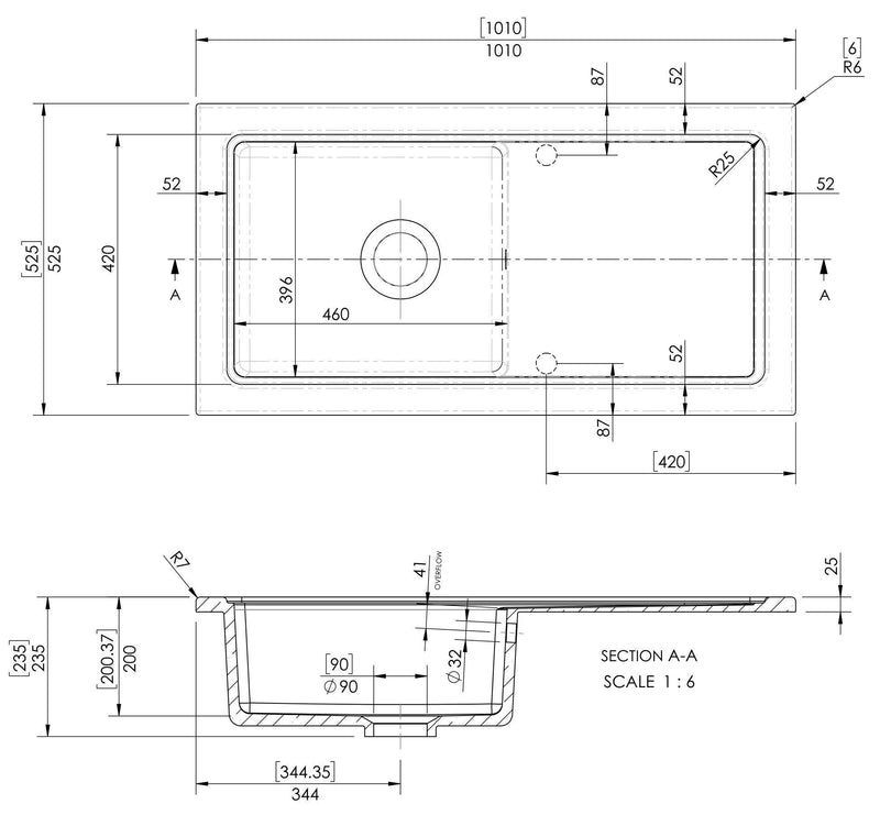 Nuie 1010mm x 525mm Fireclay Soft Black Single Bowl Rectangular Countertop Drainer Sink (CT41TF1010) line drawing