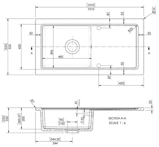 Nuie 1010mm x 525mm Fireclay Soft Black Single Bowl Rectangular Countertop Drainer Sink (CT41TF1010) line drawing