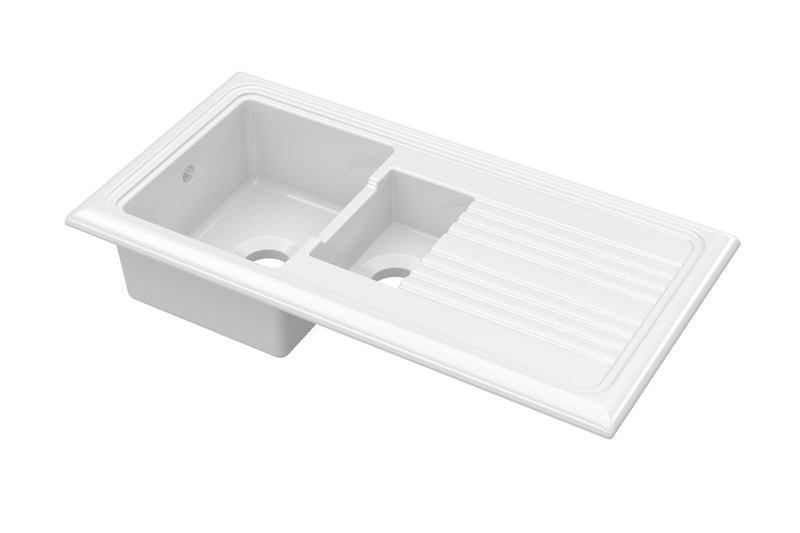 Nuie 1010mm x 525mm Fireclay White 1.5 Bowl Rectangular Countertop Drainer Sink (CT115T1000)