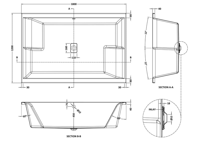Nuie 1800 x 1200mm Double Ended Inset Spa Bath with Legs (NBI1812) line drawing