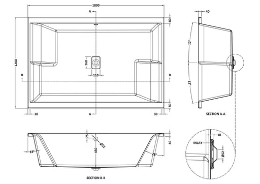 Nuie 1800 x 1200mm Double Ended Inset Spa Bath with Legs (NBI1812) line drawing