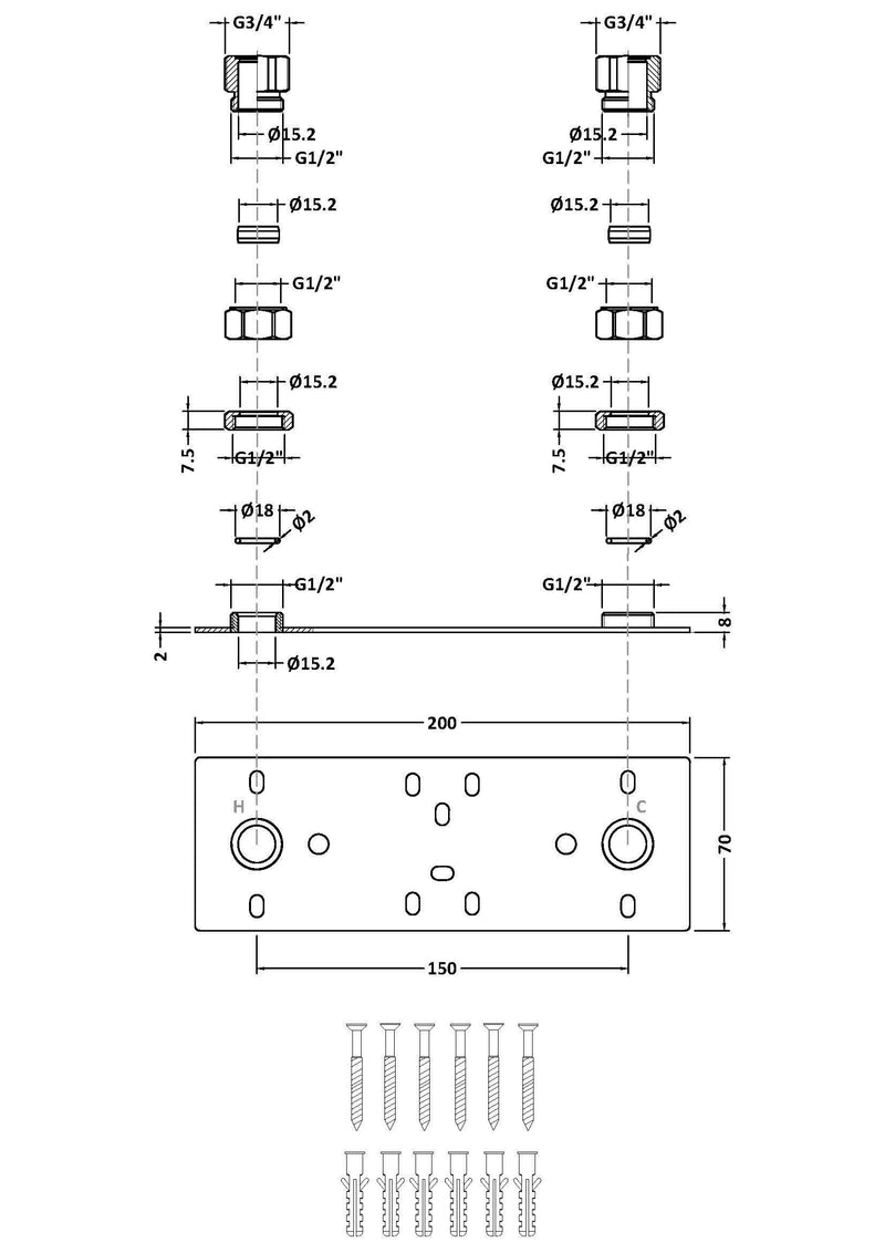 Nuie 200mm Fast-Fit Bracket for Bar Thermostats Chrome (A316) line drawing