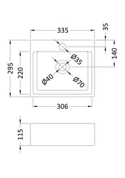 Nuie 335mm compact counter top basin line drawing