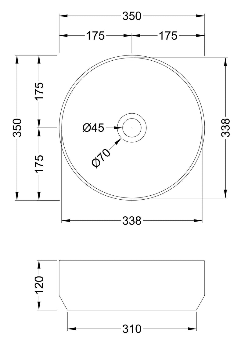 Nuie 350mm round counter top basin line drawing with dimensions