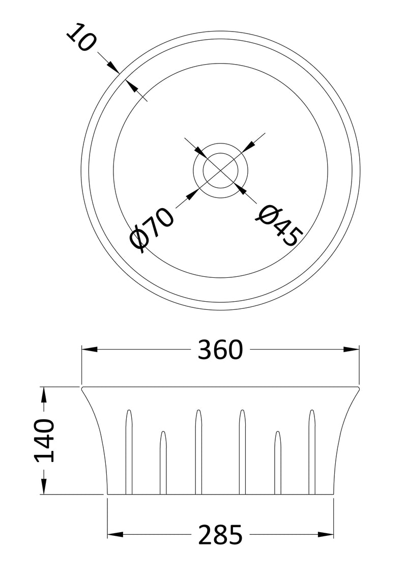 Nuie 358mm round counter top basin line drawing