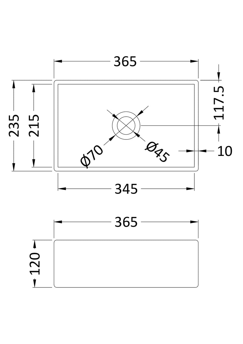 Nuie 365mm rectangular counter top basin line drawing with dimensions