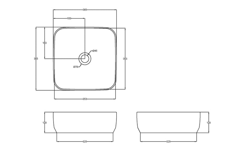 Nuie 365mm square counter top basin line drawing