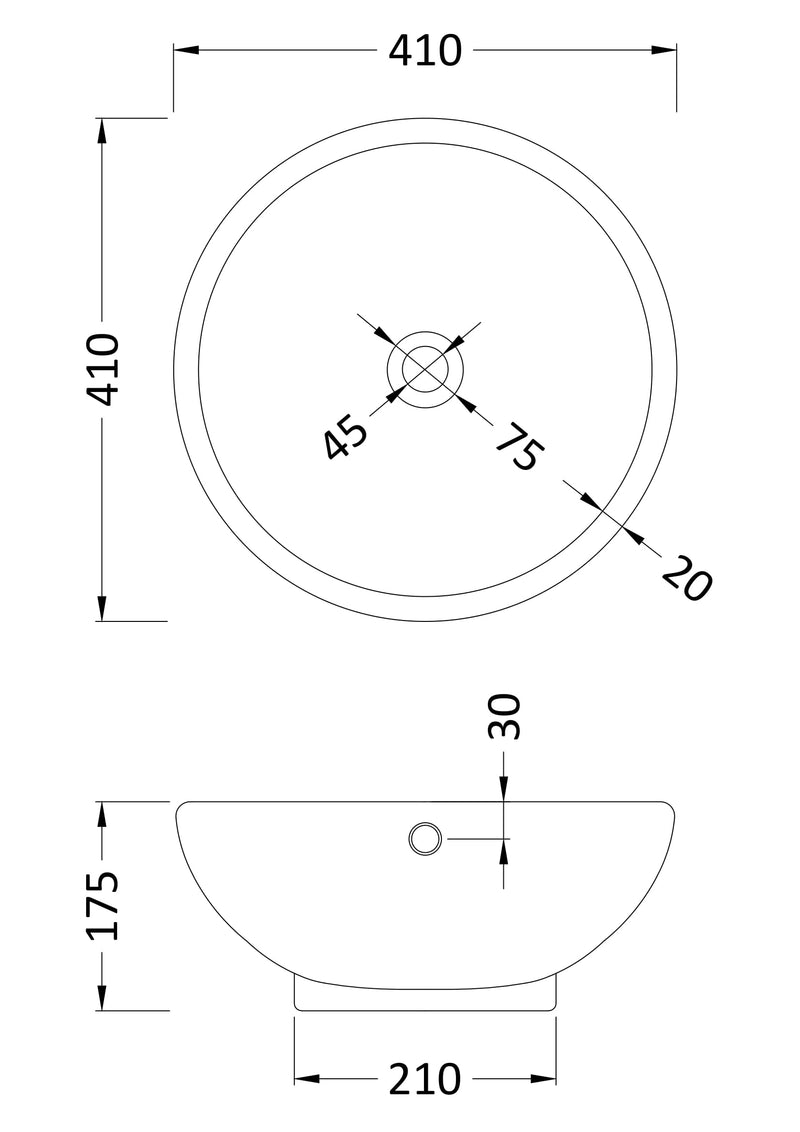 Nuie 410mm round counter top basin line drawing