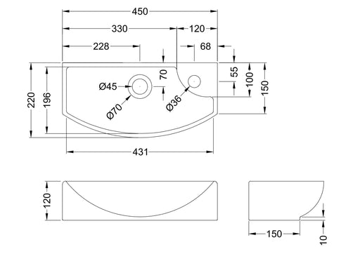 Nuie 450mm Compact Left Hand Wall Hung Basin 1 Tap Hole White (NBV160) line drawing
